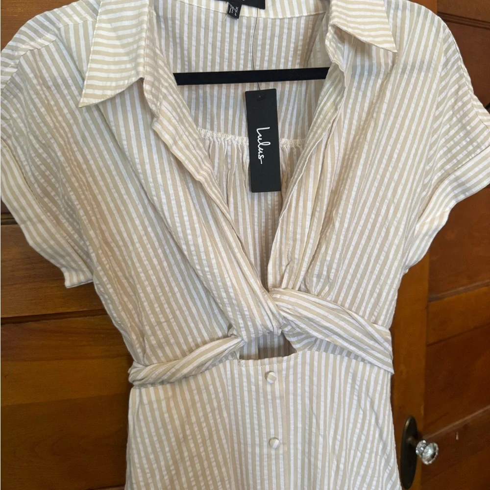 Lulu's Cream and Light Beige Striped Midi Dress - Picture 4 of 8